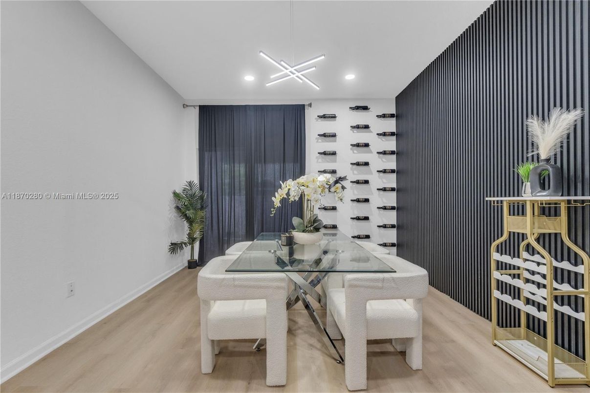 Dining room, Interior, Pendant Lights, Recessed Lighting, Wine Storage, Wood Texture Flooring