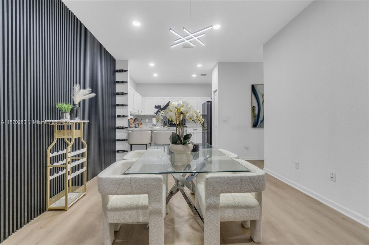 Dining room, Interior, Pendant Lights, Recessed Lighting, Wood Texture Flooring