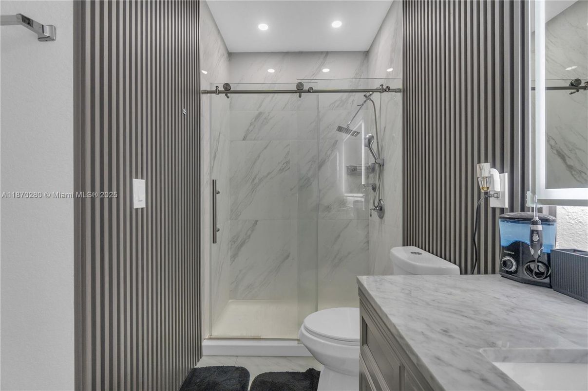Bathroom, Glass Shower, Interior, Marble Walls, Recessed Lighting