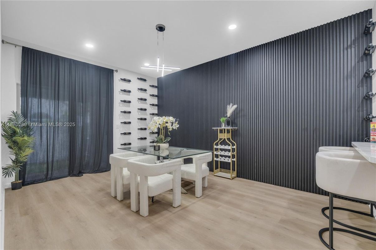 Dining room, Interior, Pendant Lights, Recessed Lighting, Wood Texture Flooring
