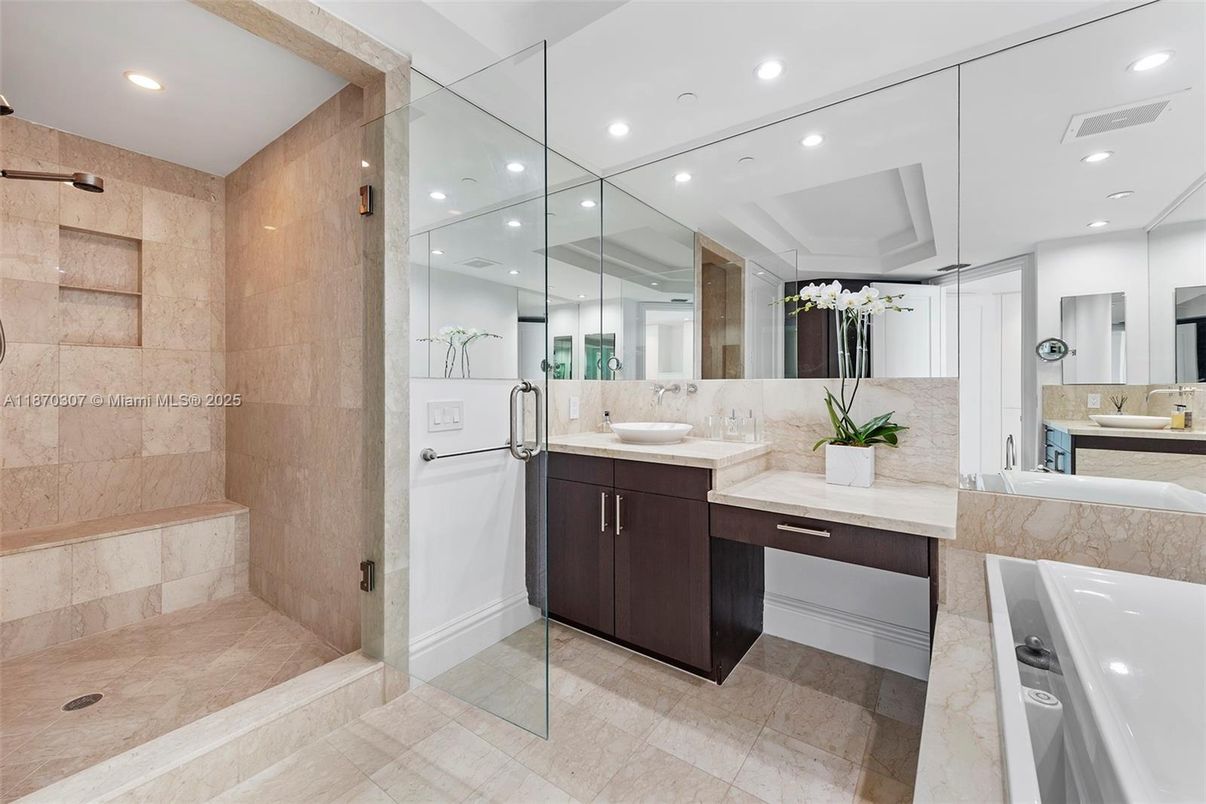 Bathroom, Dual Sink Vanities, Glass Shower, Interior, Recessed Lighting