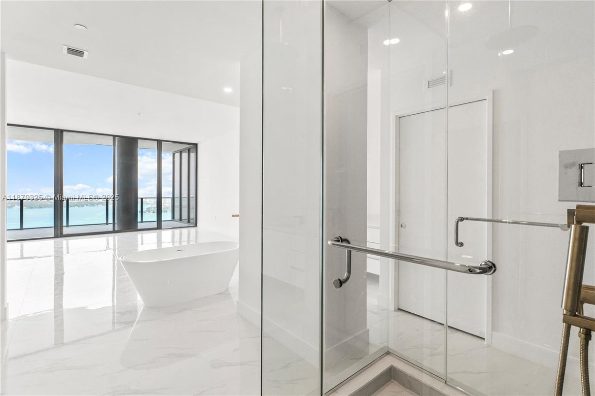 Bathroom, Free Standing Baths, Glass Shower, Interior, Marble, Recessed Lighting, Water