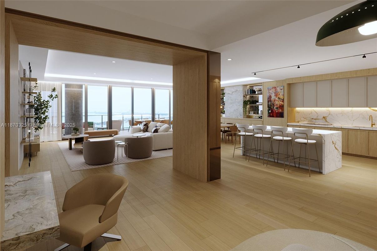 Dining room, Interior, Kitchen, Living room, Marble Walls, Recessed Lighting, Wood Texture Flooring