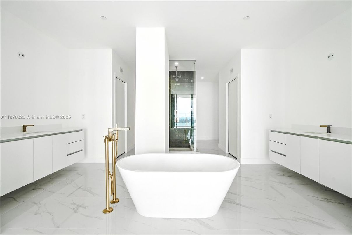 Bathroom, Free Standing Baths, Glass Shower, Interior, Marble, Recessed Lighting
