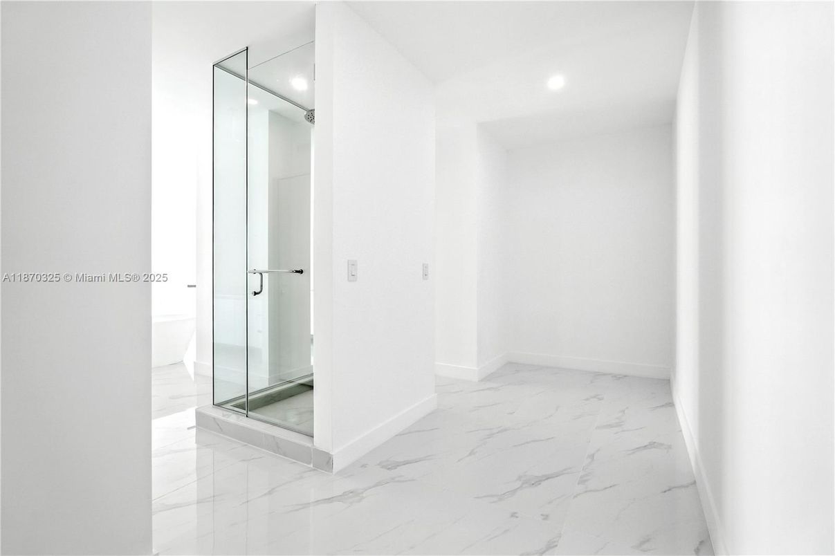 Bathroom, Glass Shower, Interior, Marble, Recessed Lighting