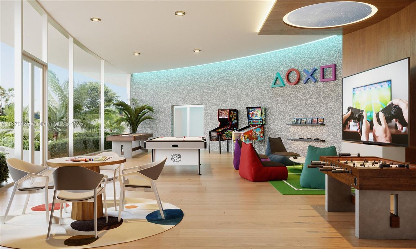 Game Room, Interior, Recessed Lighting, Wood Texture Flooring