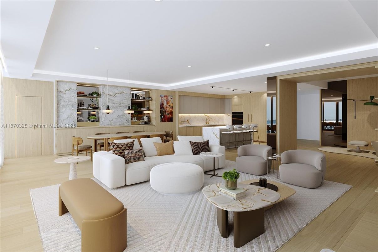 Dining room, Interior, Kitchen, Living room, Marble Walls, Pendant Lights, Recessed Lighting, Wood Texture Flooring