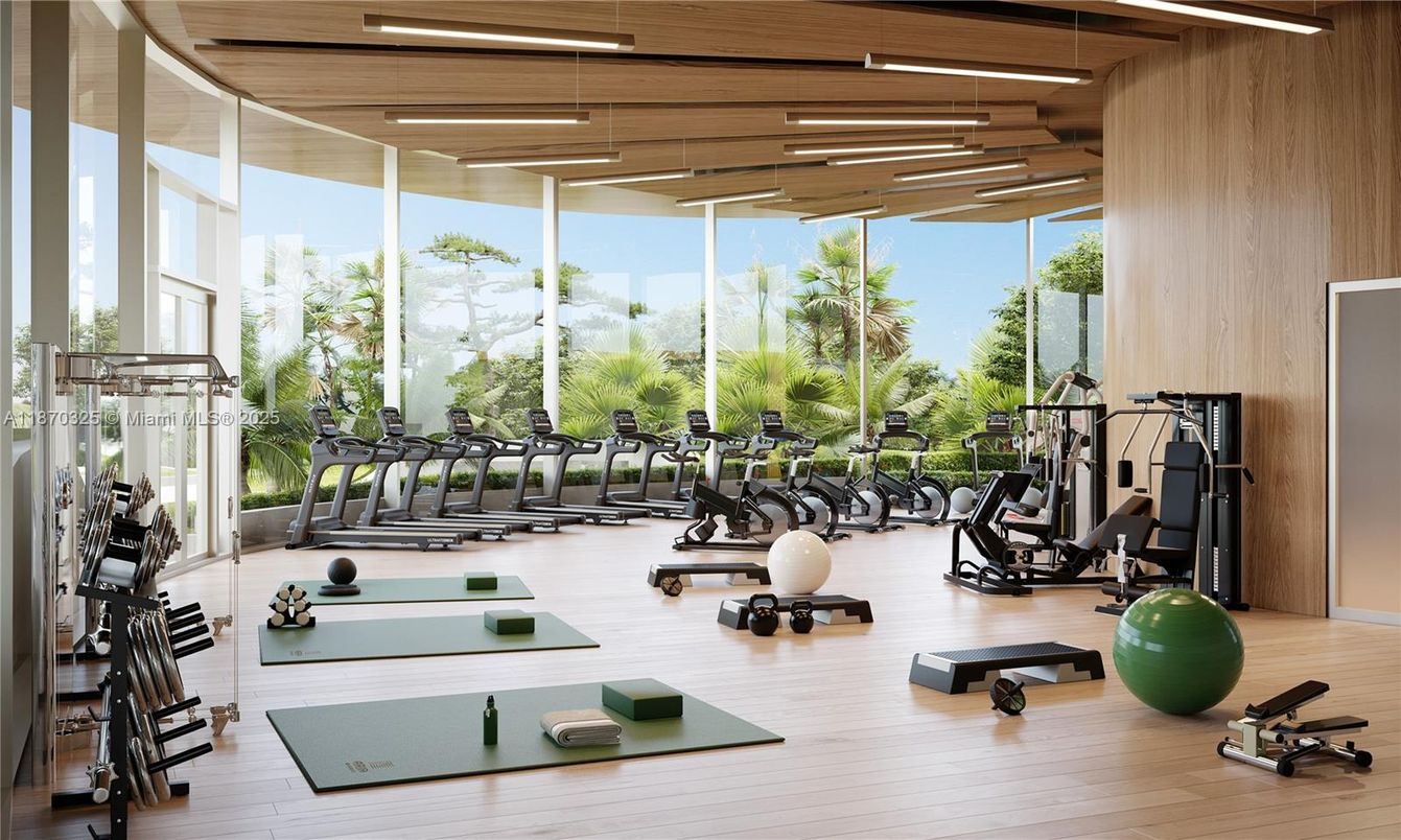 Fitness Equipment, Gym, Interior, Recessed Lighting, Wood Texture Flooring