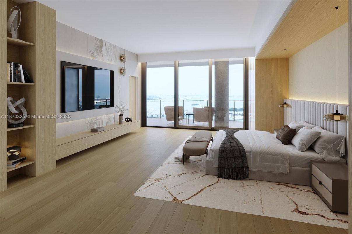 Bedroom, Interior, Pendant Lights, Water, Wood Texture Flooring