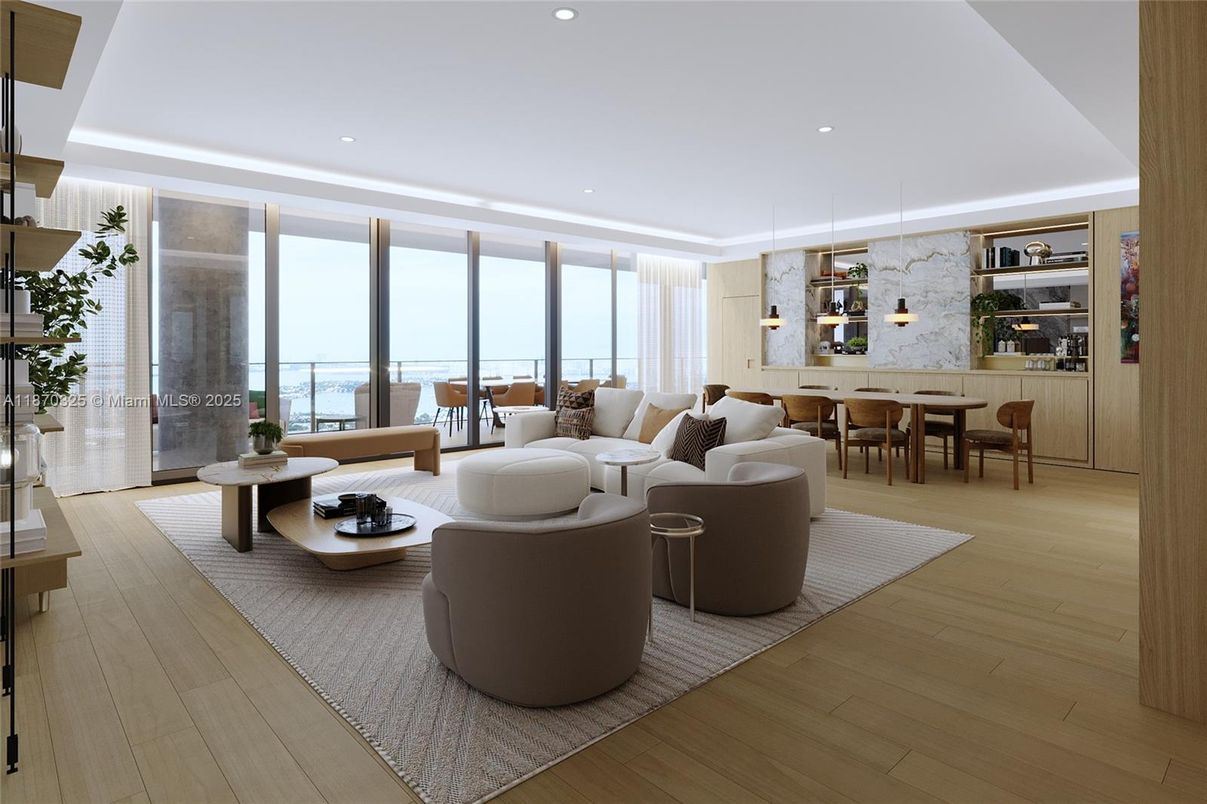 Dining room, Interior, Living room, Pendant Lights, Recessed Lighting, Water, Wood Texture Flooring