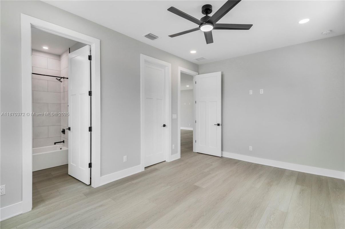Bathroom, Empty room, Interior, Recessed Lighting, Wood Texture Flooring