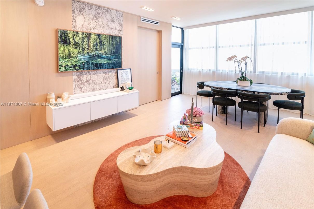 Dining room, Interior, Recessed Lighting, Wood Texture Flooring