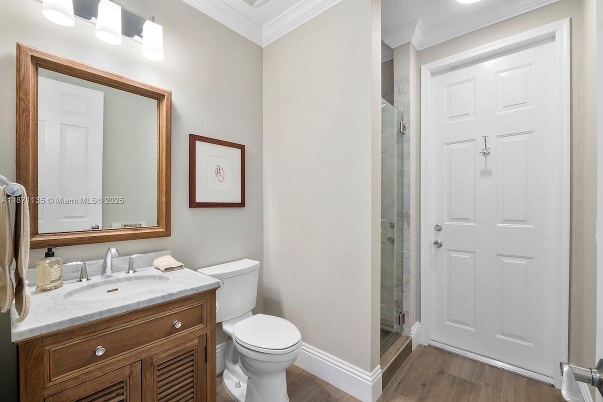 Bathroom, Glass Shower, Interior, Recessed Lighting, Wood Texture Flooring