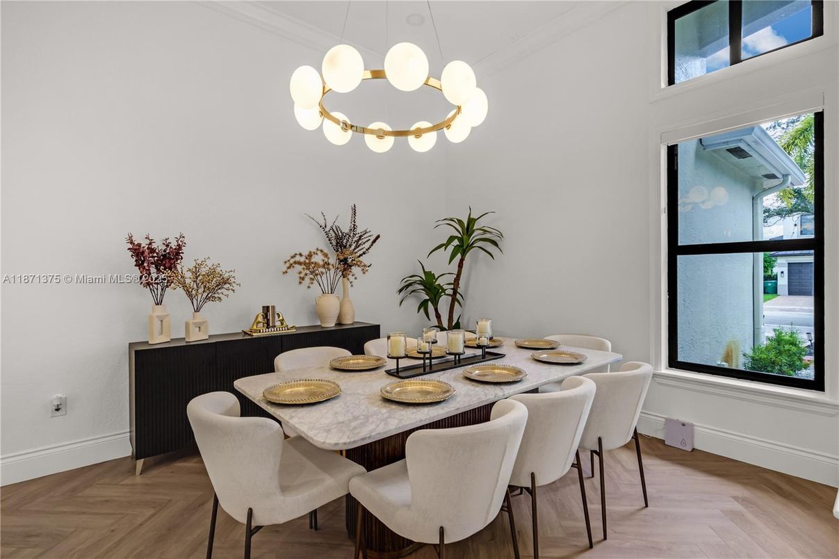 Dining room, Interior, Pendant Lights, Wood Texture Flooring