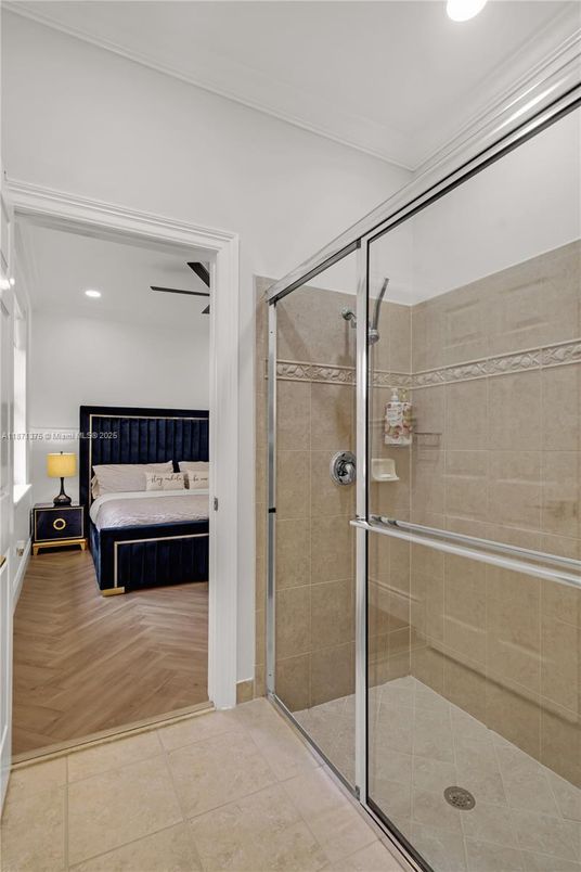 Bathroom, Bedroom, Glass Shower, Interior, Recessed Lighting, Wood Texture Flooring