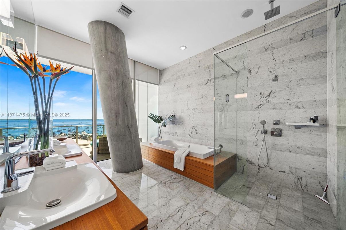 Bathroom, Glass Shower, Interior, Marble, Marble Walls, Recessed Lighting, Water