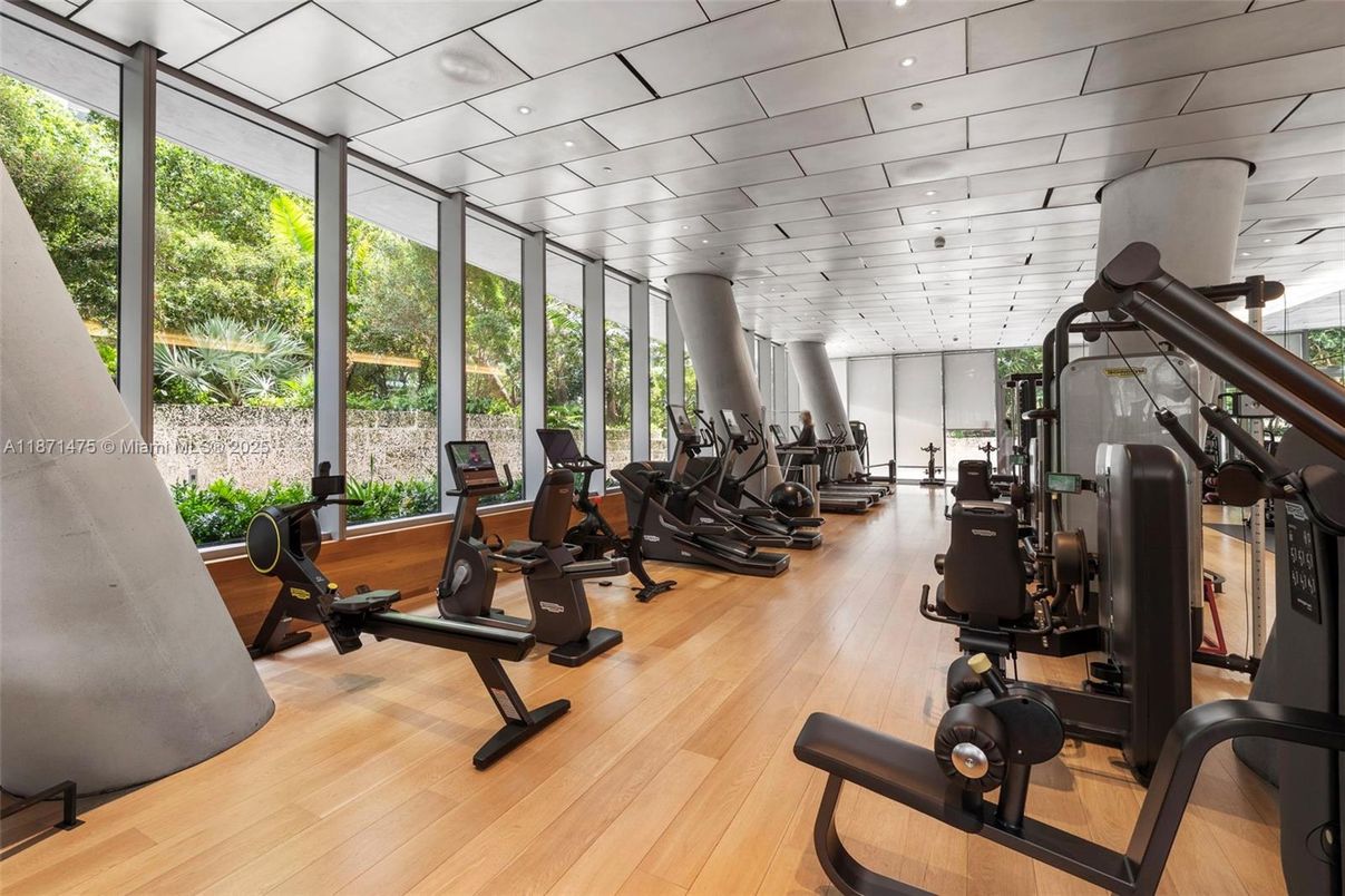 Fitness Equipment, Gym, Interior, Recessed Lighting, Wood Texture Flooring