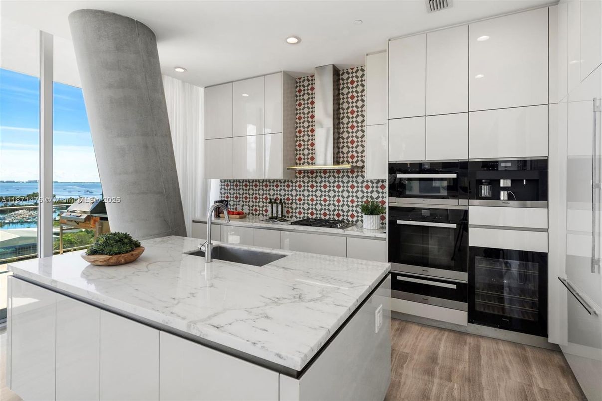 Interior, Kitchen, Recessed Lighting, Stainless Steel Appliances, Water, Wood Texture Flooring