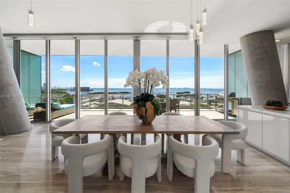 Dining room, Interior, Pendant Lights, Water, Wood Texture Flooring