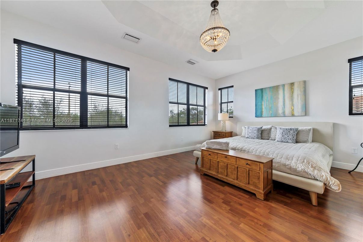 Bedroom, Chandelier, Interior, Wood Texture Flooring