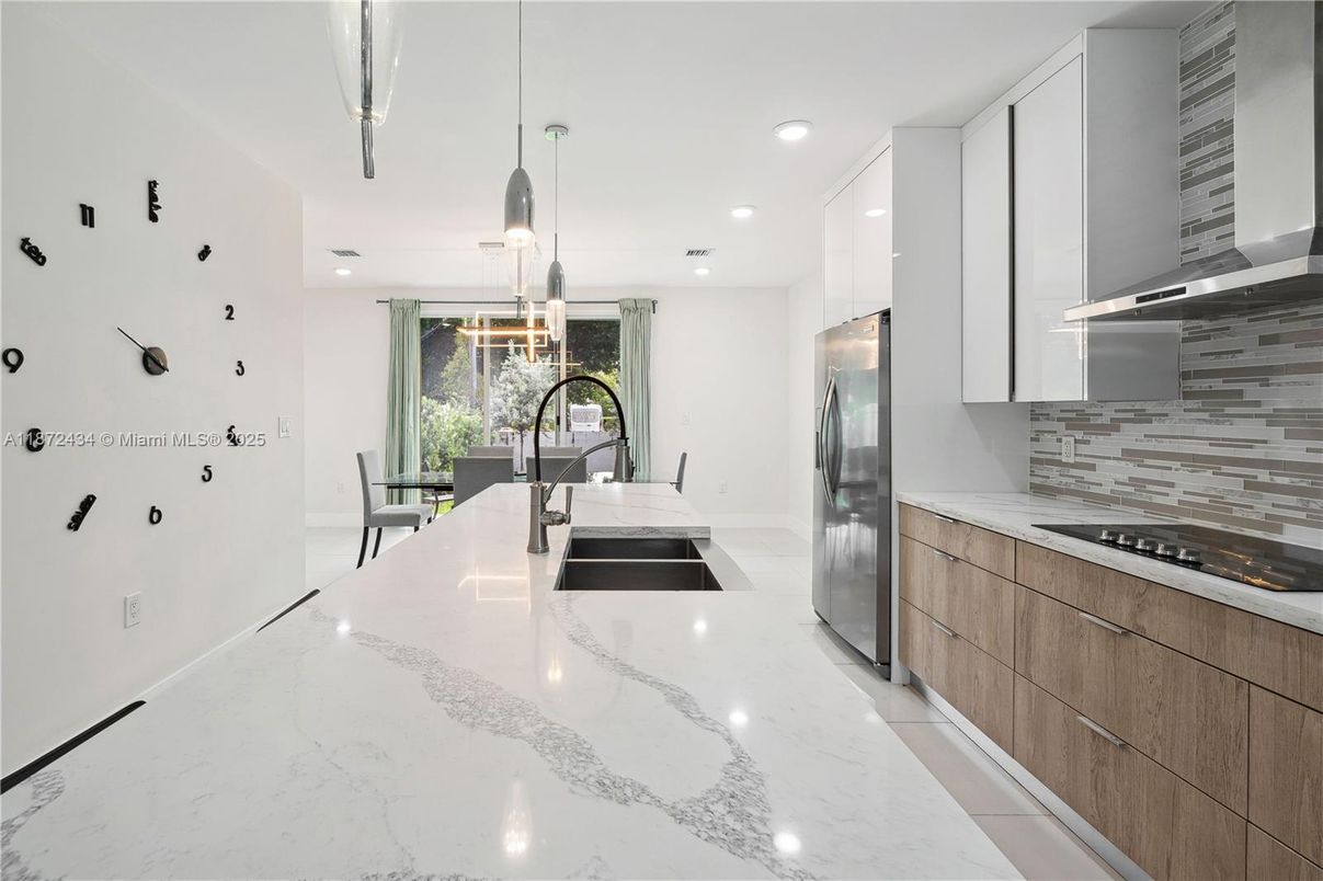 Interior, Kitchen, Marble, Pendant Lights, Recessed Lighting, Stainless Steel Appliances