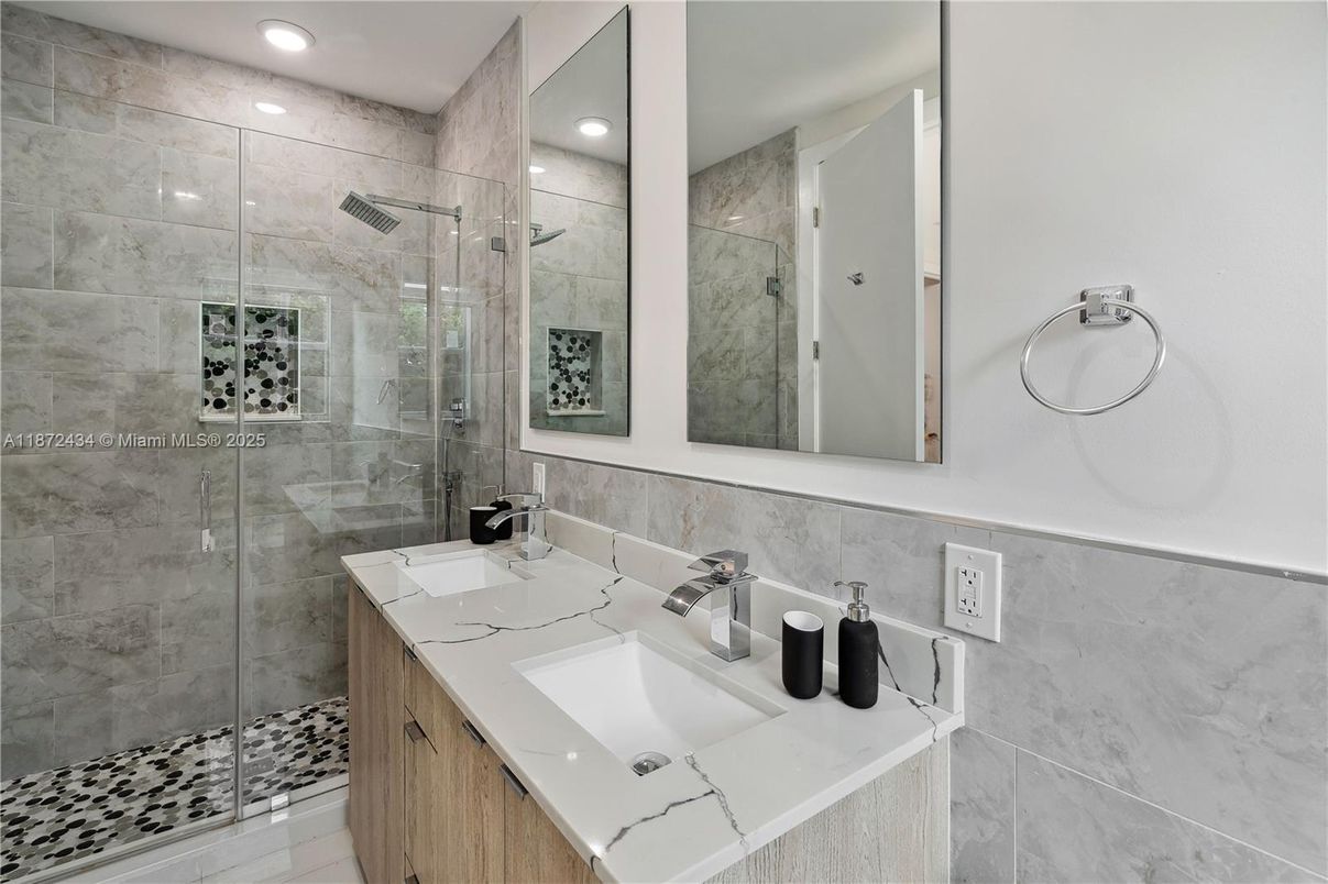 Bathroom, Dual Sink Vanities, Glass Shower, Interior, Recessed Lighting