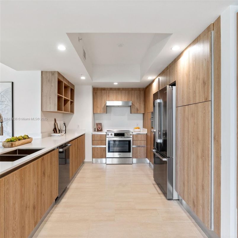 Interior, Kitchen, Recessed Lighting, Stainless Steel Appliances, Wood Texture Flooring