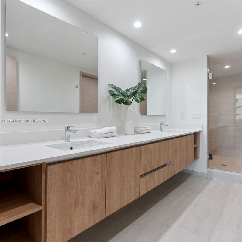 Bathroom, Dual Sink Vanities, Glass Shower, Interior, Recessed Lighting