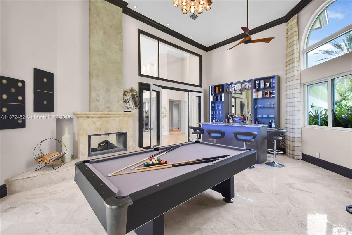 Billiard Table, Chandelier, Fireplace, Game Room, Interior, Marble, Recessed Lighting