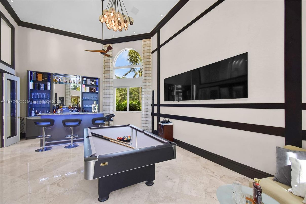 Billiard Table, Chandelier, Game Room, Interior, Pendant Lights, Recessed Lighting