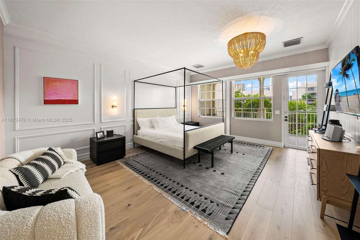 Bedroom, Chandelier, Interior, Wood Texture Flooring