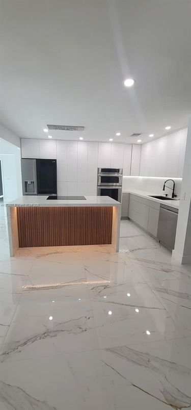 Interior, Kitchen, Marble, Recessed Lighting, Stainless Steel Appliances