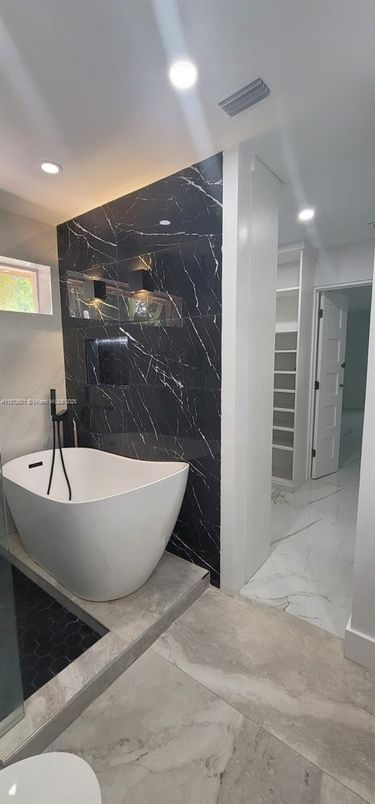 Bathroom, Free Standing Baths, Interior, Marble, Marble Walls, Recessed Lighting
