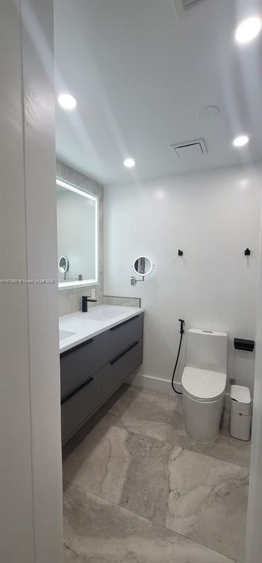 Bathroom, Dual Sink Vanities, Interior, Marble, Recessed Lighting