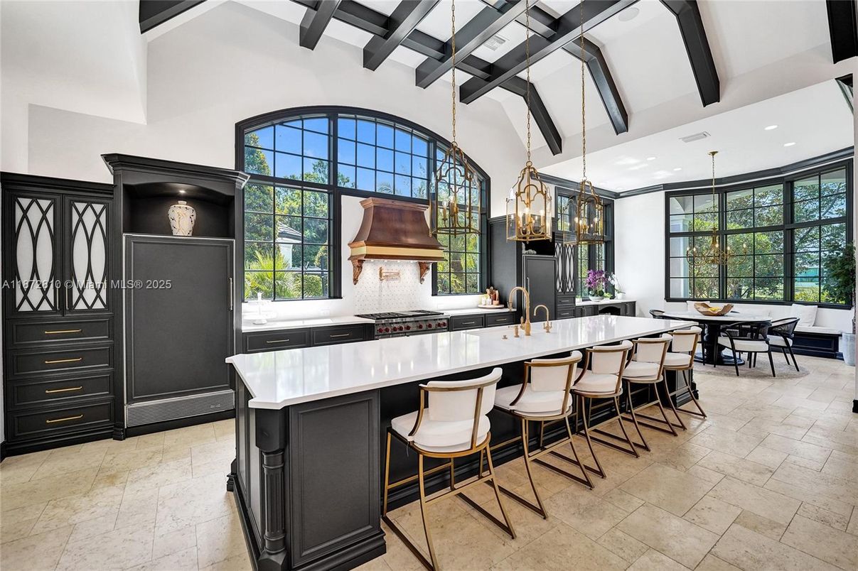 Dining room, Interior, Kitchen, Pendant Lights, Recessed Lighting, Wooden Beams