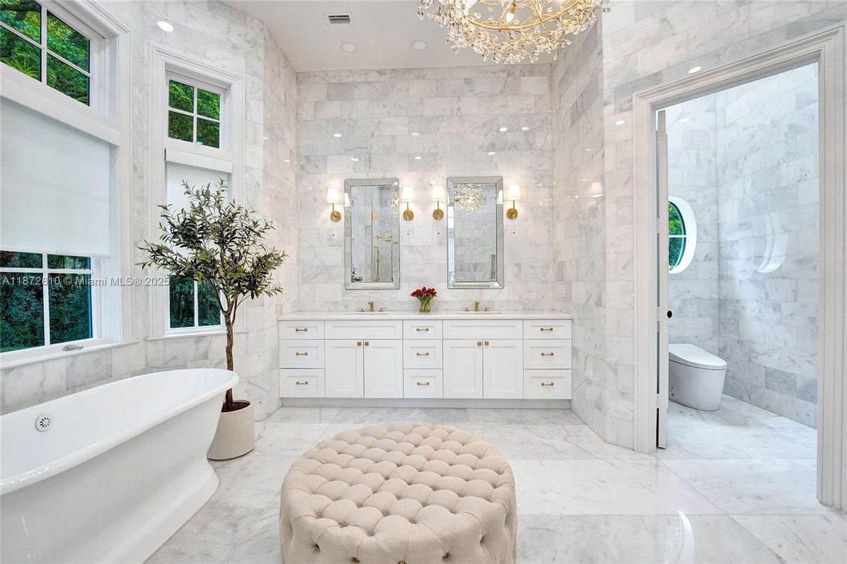 Bathroom, Dual Sink Vanities, Free Standing Baths, Interior, Marble, Marble Walls, Recessed Lighting