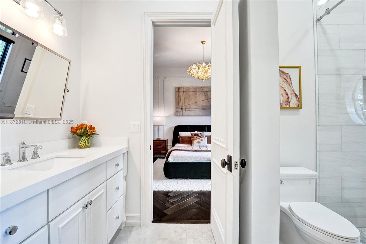 Bathroom, Bedroom, Chandelier, Glass Shower, Interior, Marble, Pendant Lights, Wood Texture Flooring
