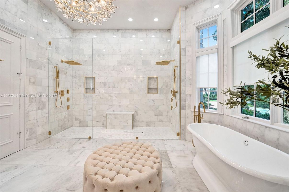 Bathroom, Free Standing Baths, Glass Shower, Interior, Marble, Marble Walls, Recessed Lighting