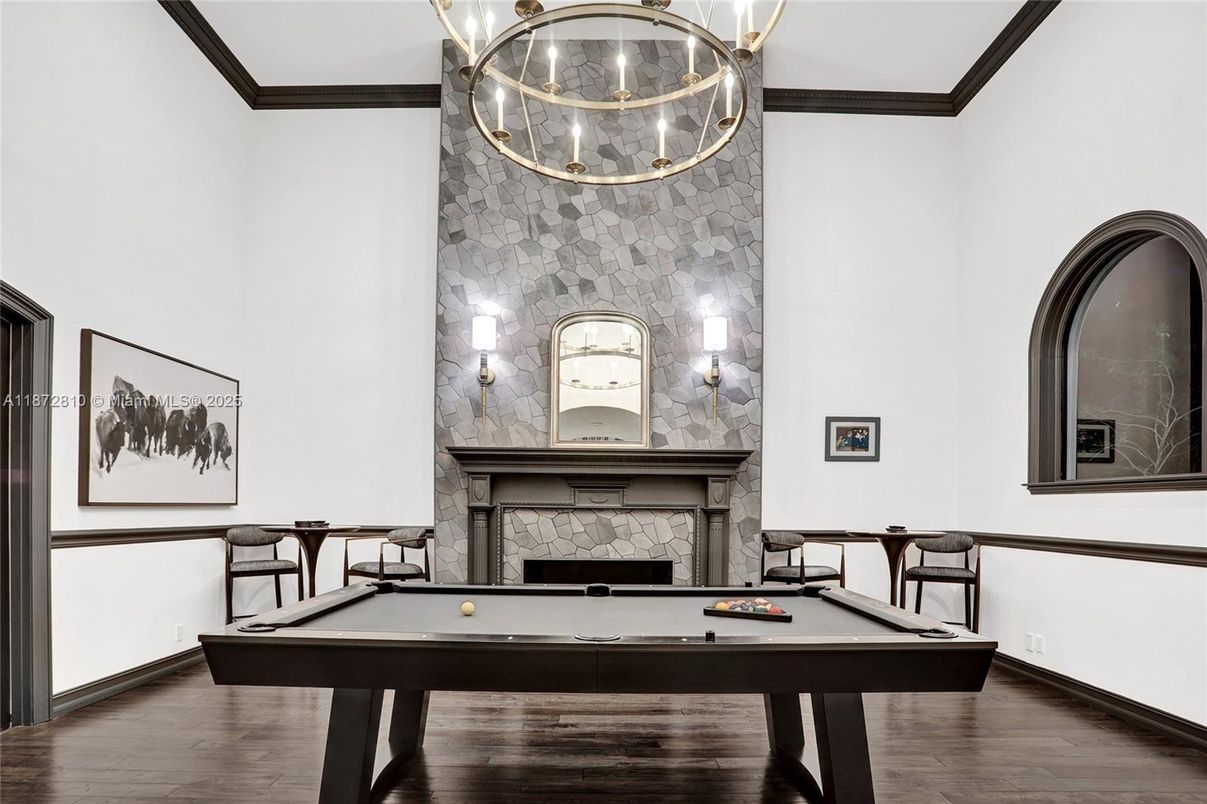 Billiard Table, Fireplace, Game Room, Interior, Stone Walls, Wood Texture Flooring