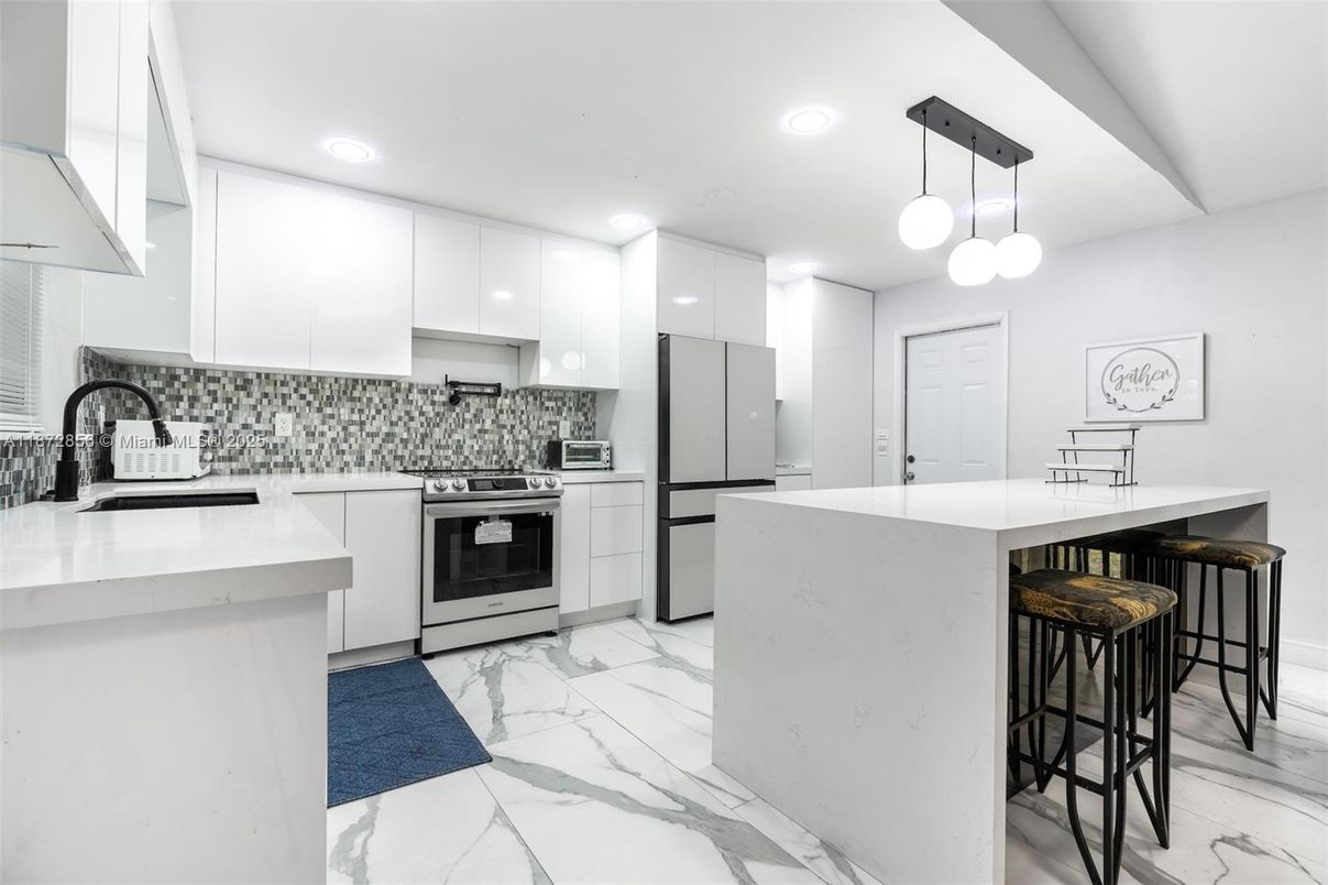 Interior, Kitchen, Marble, Pendant Lights, Recessed Lighting, Stainless Steel Appliances