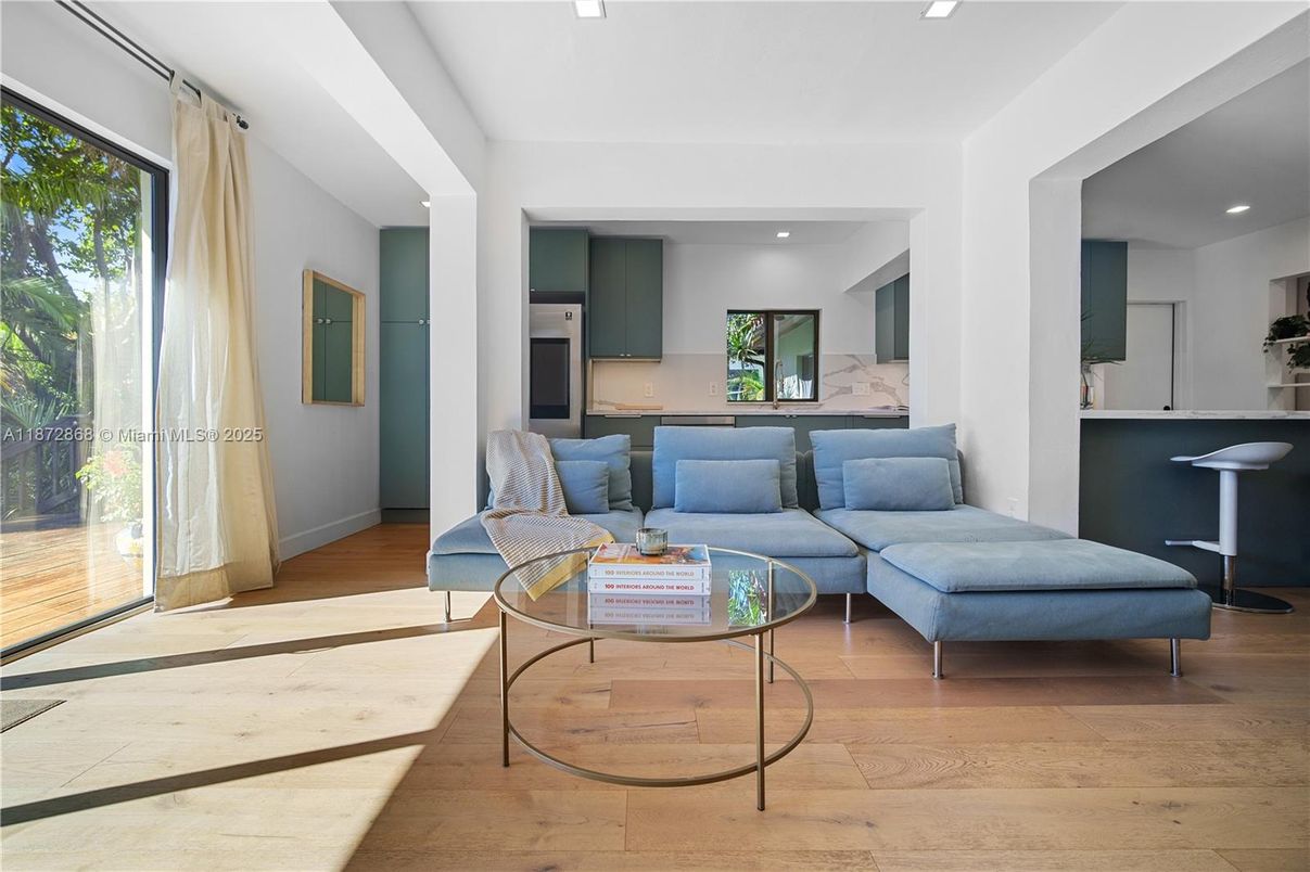 Interior, Kitchen, Living room, Recessed Lighting, Stainless Steel Appliances, Wood Texture Flooring