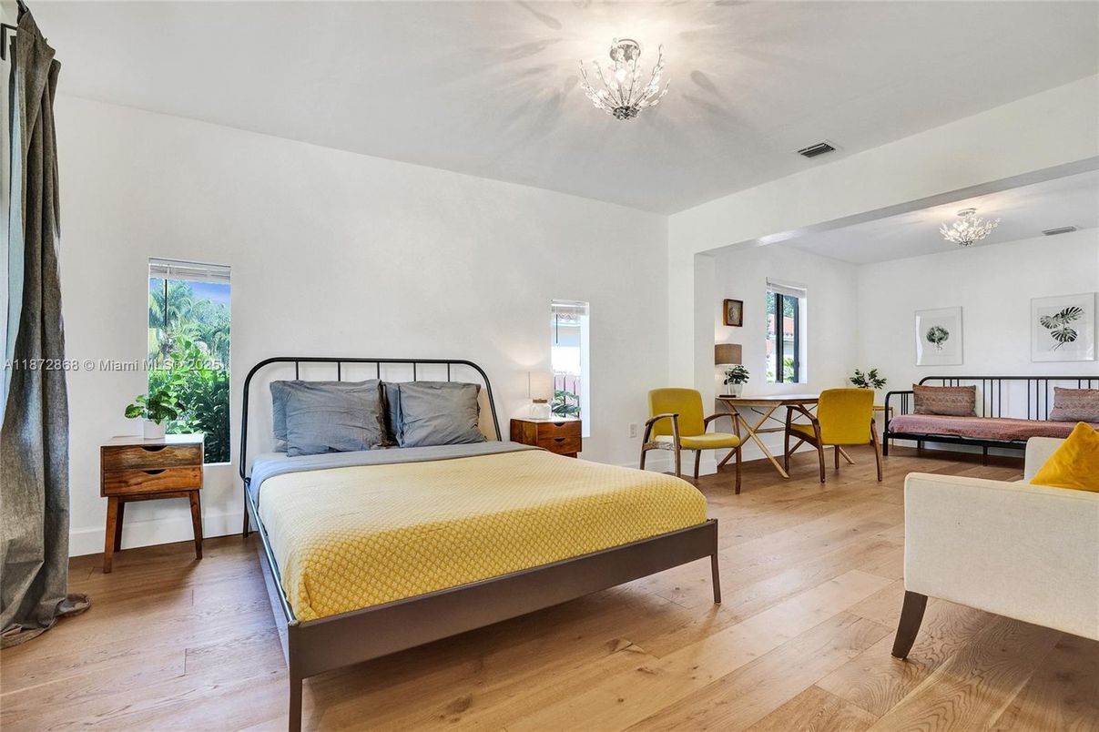 Bedroom, Chandelier, Interior, Wood Texture Flooring