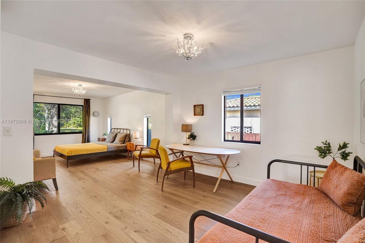 Bedroom, Chandelier, Home Office, Interior, Wood Texture Flooring