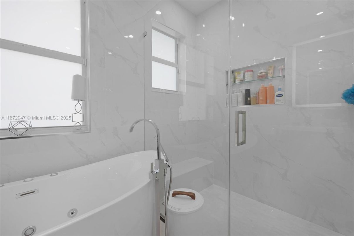 Bathroom, Glass Shower, Interior, Marble Walls, Recessed Lighting
