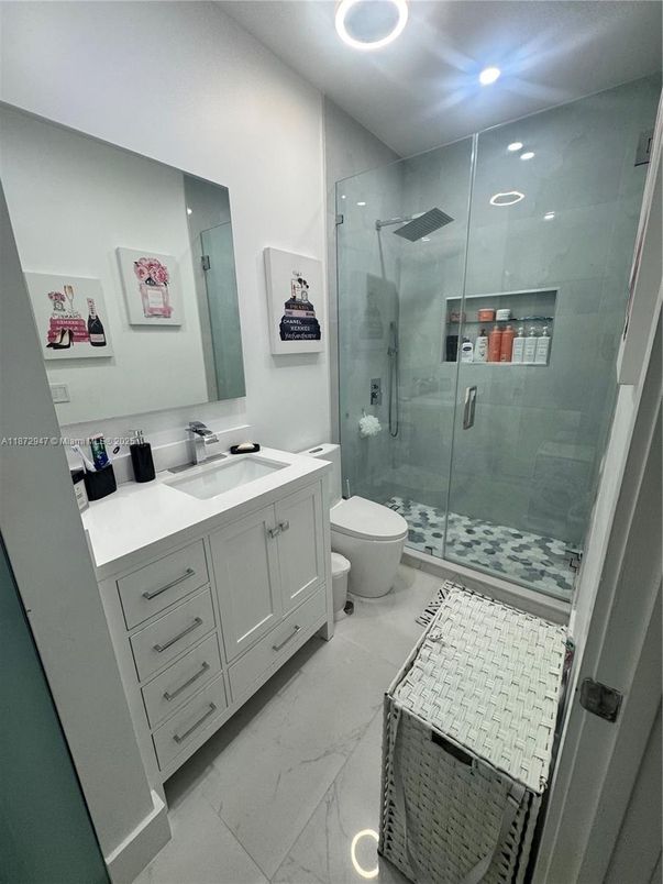 Bathroom, Glass Shower, Interior, Marble, Recessed Lighting
