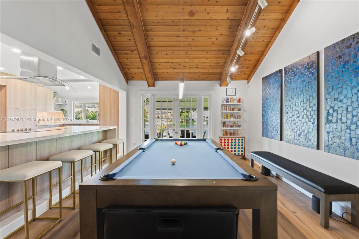 Billiard Table, Game Room, Interior, Pendant Lights, Wooden Beams, Wooden Ceilings, Wood Texture Flooring