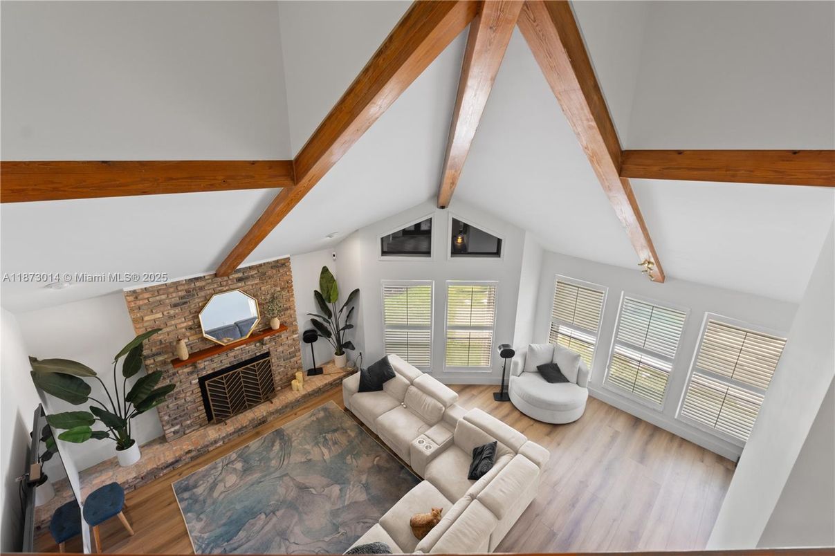 Fireplace, Interior, Living room, Stone Walls, Wooden Beams, Wood Texture Flooring