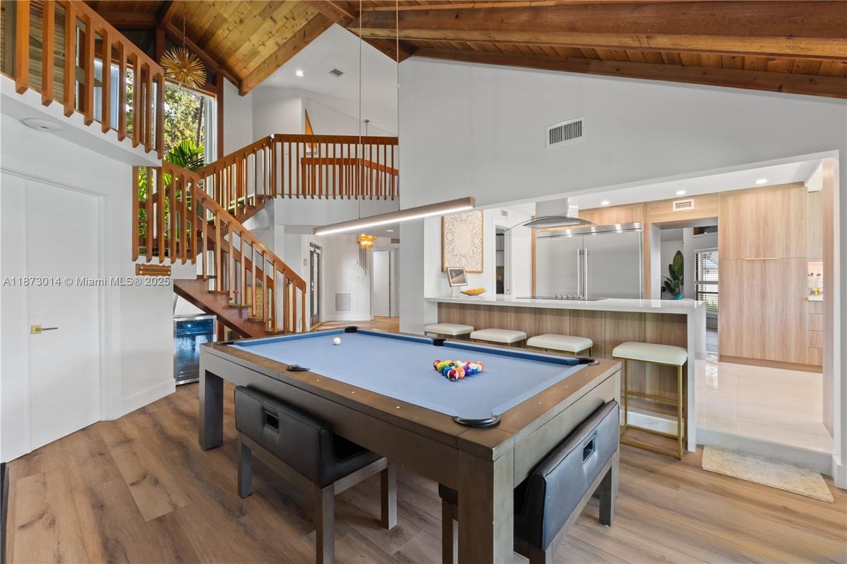 Billiard Table, Game Room, Interior, Pendant Lights, Recessed Lighting, Wooden Beams, Wooden Ceilings, Wood Texture Flooring