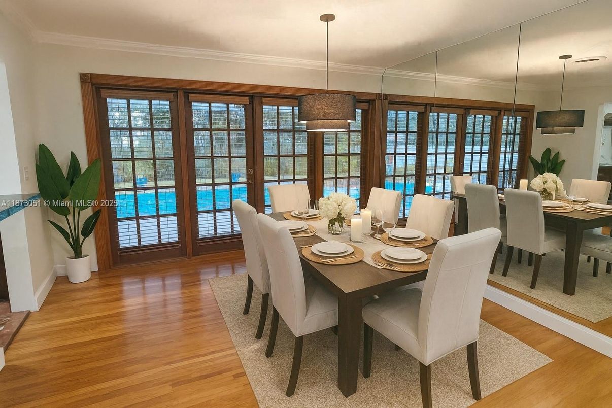Dining room, Interior, Pendant Lights, Wood Texture Flooring