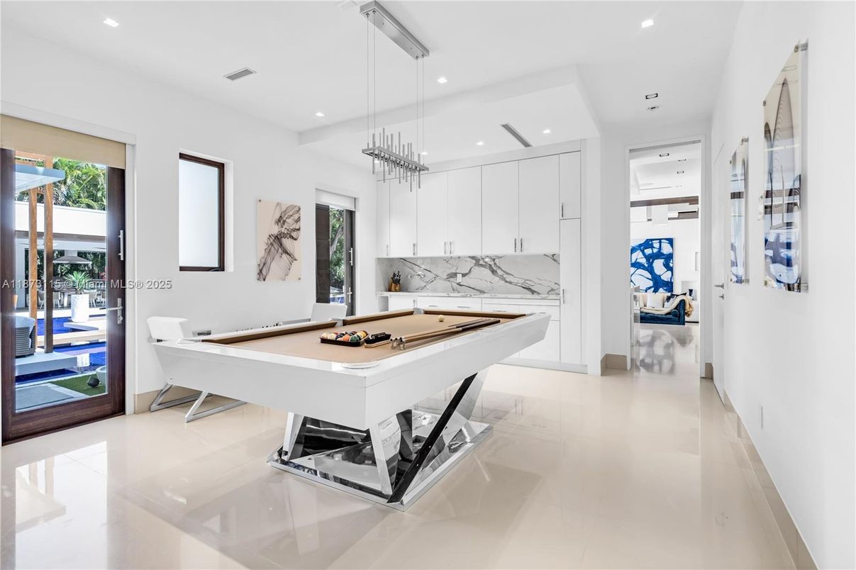 Billiard Table, Game Room, Interior, Marble Walls, Pendant Lights, Recessed Lighting